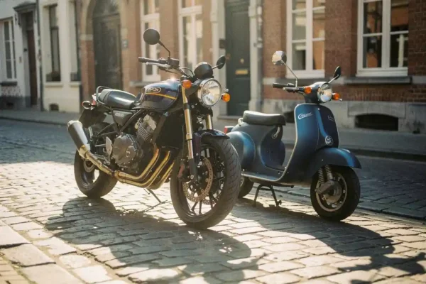 Motorfiets en bromfiets zij aan zij geparkeerd op Belgische kasseienstraat, gouden middaglicht op chromen details, bakstenen gevel op achtergrond.
