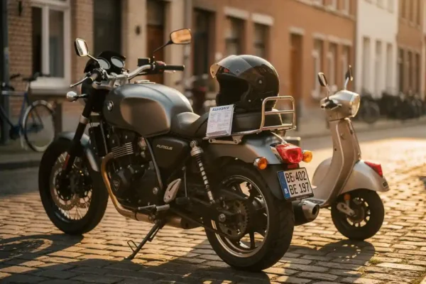 Moderne motorfiets en bromfiets naast elkaar op Belgische kasseien, verzekeringsdocumenten onder helm op zadel, gouden middaglicht.