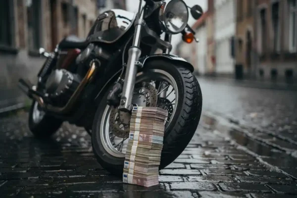 Motorfiets op natte Belgische kasseien met een stapel eurobiljetten tegen het voorwiel, bewolkte lucht weerspiegeld in de tank.