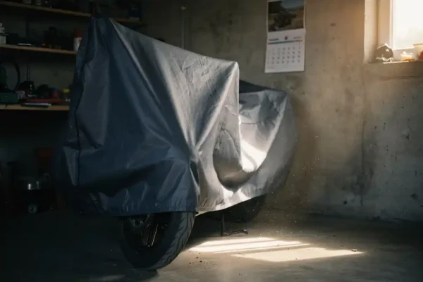 Motorfiets afgedekt met een weerbestendige zeil in een schemering Belgische garage, met stofige sturen en een kalender aan de betonnen muur.