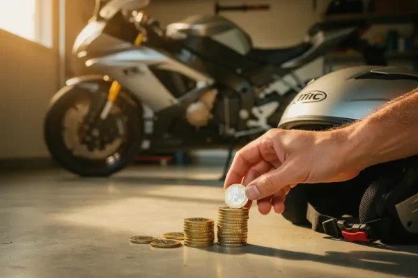 Hand stapelt euromunten naast motorhelm op betonnen garagevloer, met geparkeerde motor op de achtergrond in warm middaglicht.