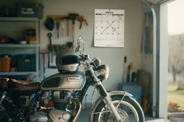 Motorfiets geparkeerd in garage met helm op zadel, wandkalender met afgestreepte dagen zichtbaar, zacht natuurlijk licht door halfopen garagedeur.