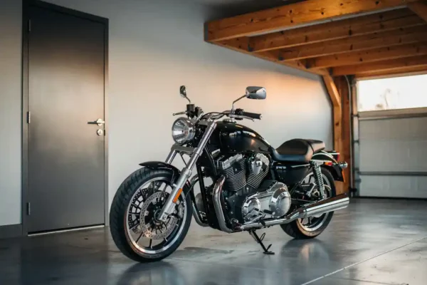 Glanzende motorfiets geparkeerd in een opgeruimde privégarage met stalen deur, houten balken en chromen details in zacht natuurlijk licht.