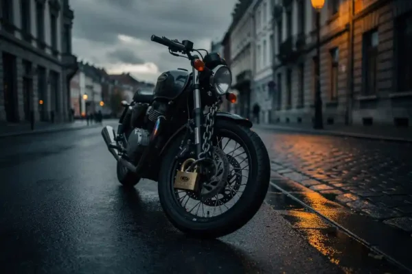 Motorfiets op een Belgische straat beveiligd met een dik kettingslot om het voorwiel, sfeervolle amber straatlantaarn in schemerlicht.