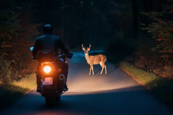 Motor stilstaand op Belgische plattelandsweg bij schemering, hert bevroren in koplamplicht te midden van herfstig bos.