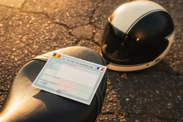 Belgisch motorrijbewijs op een motorzadel naast een gepolijste helm, warm gouden middaglicht op verweerd asfalt.