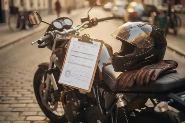 Motorfiets op Belgische straat met inspectiepapieren op klembord, rijhandschoenen en helm op zadel in gouden middaglicht.