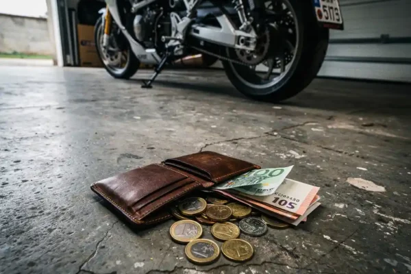 Motorfiets geparkeerd naast een open leren portemonnee met euromunten en bankbiljetten op een betonnen garagevloer, Belgisch kenteken op de achtergrond.