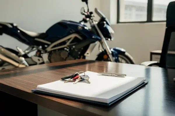 Glanzende motorfiets naast een leasecontract op een kantoorbureau, met sleutels bovenop het document.