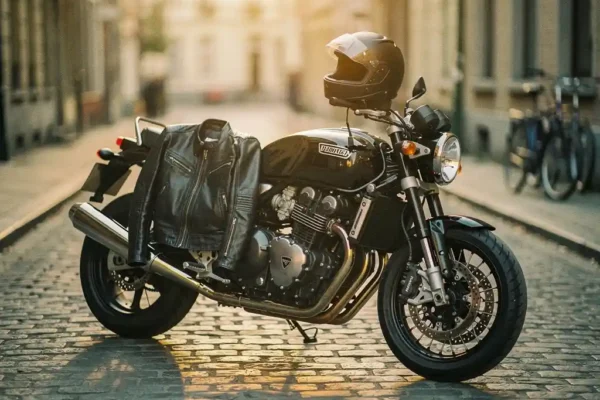 Glanzende motorfiets op een Belgische kinderkopjesstraat met leren jas en helm op het zadel, gouden middaglicht op chromen details.
