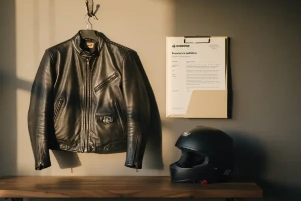 Versleten leren motorjas aan wandhaak naast verzekeringsdocumenten, motorhelm op houten plank in warm middaglicht.