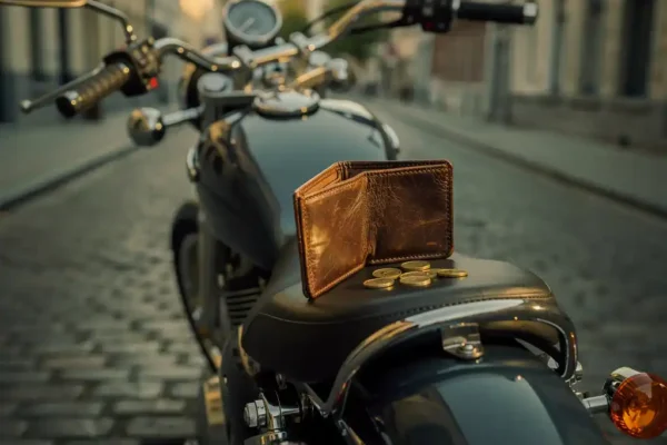 Motorfiets op Belgische kasseienstraat met opengevouwen leren portemonnee en munten op het zadel in warm middagzonlicht.
