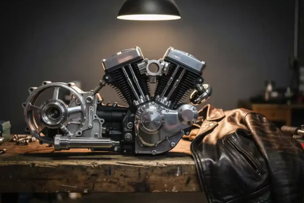 Deels gemonteerde custommotorfietsmotor op verweerde werkbank, chromen onderdelen glanzend onder werkplaatslamp, leren jas op de achtergrond.