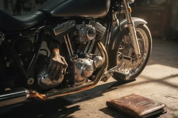 Monteur met vette hand naast glanzende chromen cilinders van een motorfiets, met een verzekeringsdocumentmap op betonnen werkplaatsvloer.