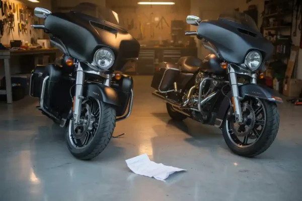 Nieuwe en verouderde motorfiets naast elkaar op garagevloer met verkreukeld verzekeringsdocument ertussen, warm amberkleurig licht.