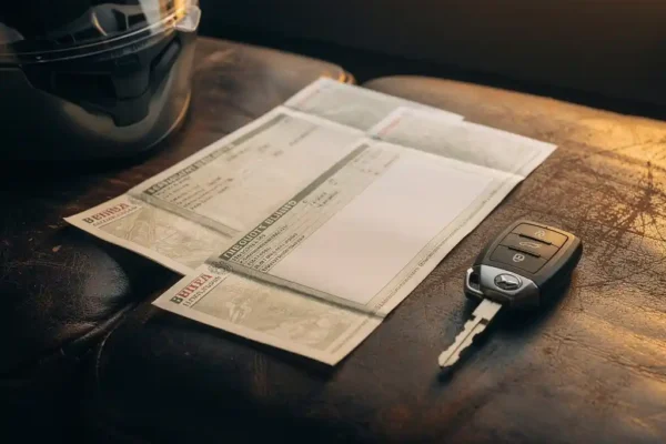 Belgisch motorrijtuigbewijs en verzekeringspapieren op verweerd leer, met sleutelhanger en helmvizier in warm goudlicht.