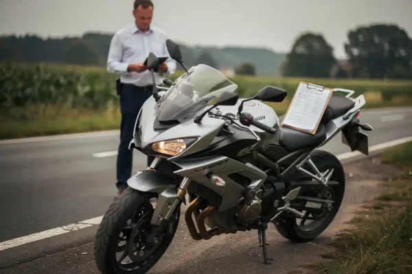 Beschadigde motorfiets met verkreukelde kuip langs Belgische weg, klembord met keuringspapieren op zadel, verzekeringsexpert op achtergrond.