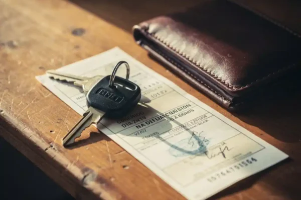 Motorsleutel en Belgisch inschrijvingsbewijs op een houten bureau naast een gesloten leren portemonnee.