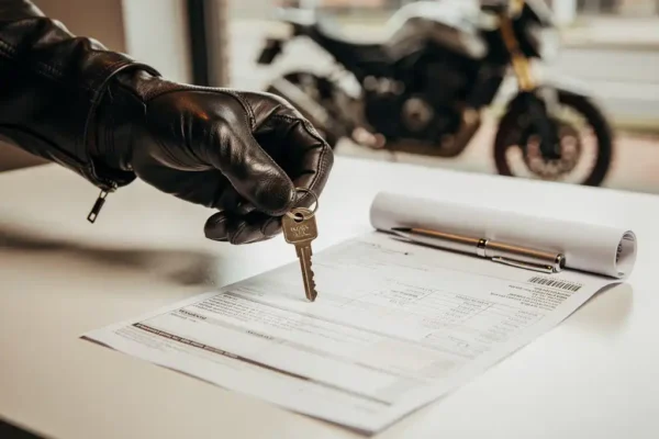 Leren handschoen legt motorsleutel op bureau naast open bankafschrift en pen, motor zichtbaar door raam op achtergrond.