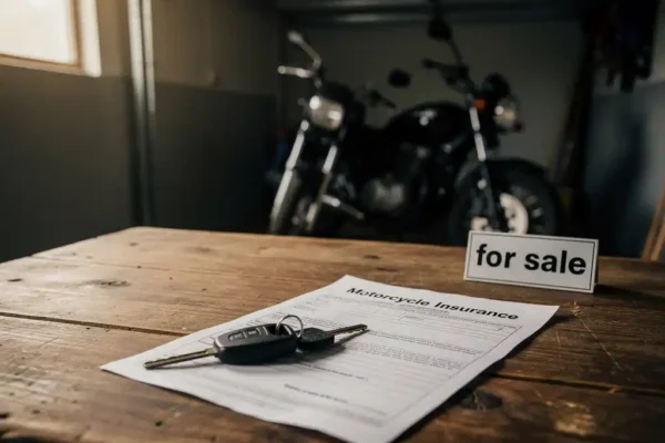 Motorsleutel en verzekeringsdocument op houten tafel naast een te-koop-bord, met motor op de achtergrond in een garage.