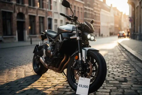 Glanzende motorfiets te koop op een Belgische kasseienstraat, met gouden middagzon en Vlaamse bakstenen gevels op de achtergrond.