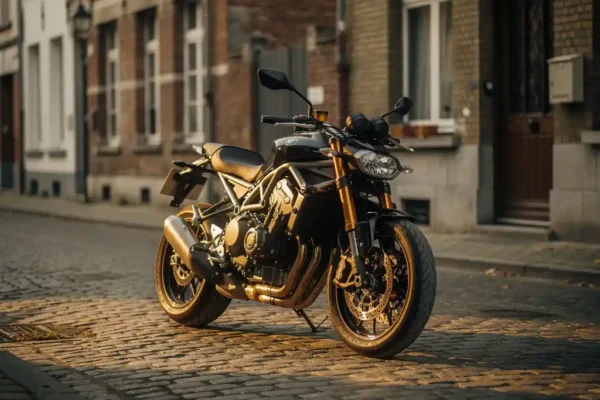 Glanzende motorfiets te koop op Belgische kasseienstraat, prijskaartje aan het stuur, gouden herfsttlicht op chroom en lak.