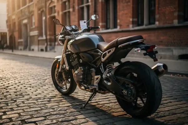 Motorfiets geparkeerd op Belgische kasseienstraat met tijdelijk verzekeringsdocument onder het stuur, historisch bakstenen gebouw op de achtergrond.