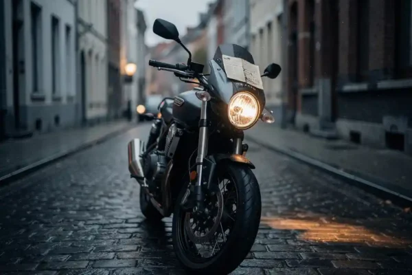 Motorfiets geparkeerd op Belgische kasseien met een verlopen verzekeringsdocument onder de voorruit, zacht middaglicht.