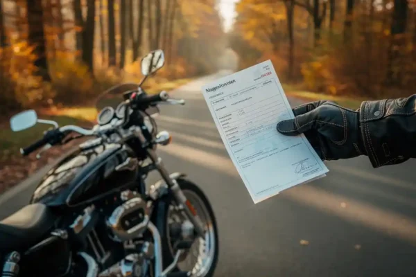Motorrijder houdt verzekeringsdocumenten vast naast het stuur op een Belgische weg, omgeven door herfsttinten.