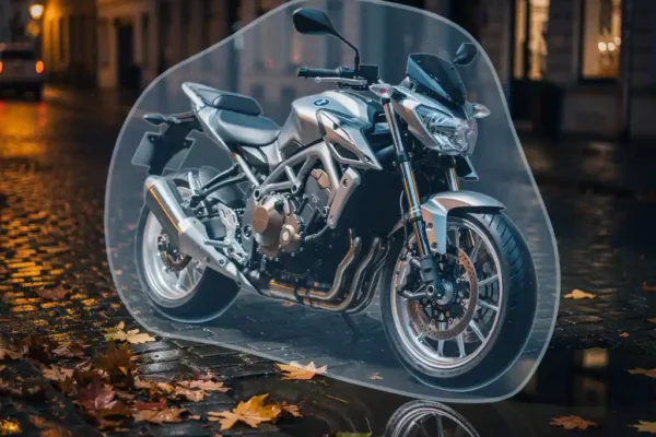 Glanzende motorfiets op natte Belgische kasseien, omgeven door transparant beschermschild, herfstbladeren in amberkleurig straatlicht.