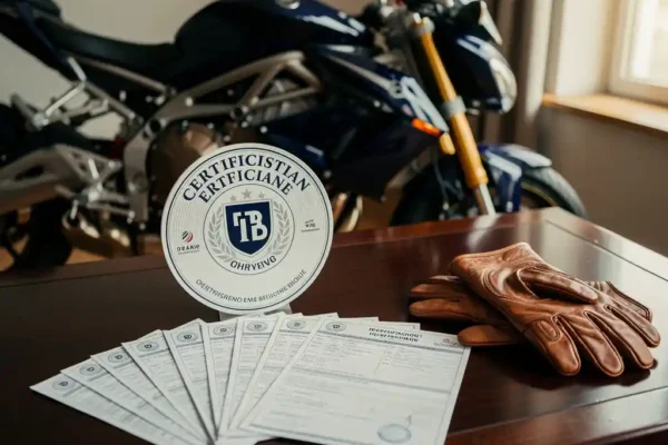 Glanzende motorfiets naast een officieel certificaat op een houten bureau met Belgische verzekeringsdocumenten en leren handschoenen.
