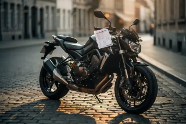 Motorfiets geparkeerd op Belgische kasseienstraat met verzekeringsdocument onder het stuur, warme middagzon.