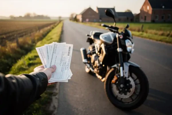 Motorfiets geparkeerd langs Belgische weg, hand houdt verzekeringsdocumenten vast in gouden middaglicht.