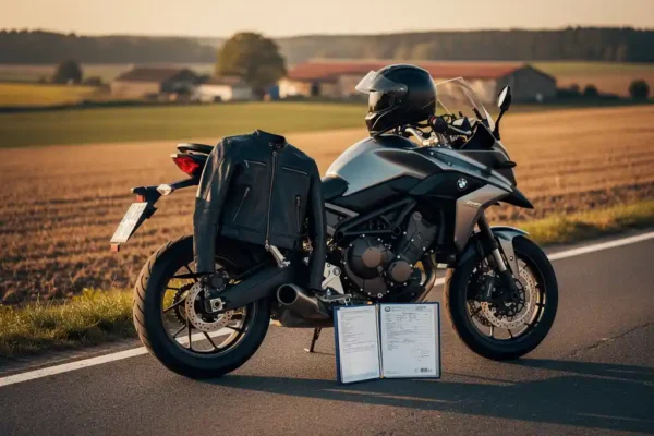 Motorfiets langs de kant van de weg met leren jas, helm en juridische map op de zit, Belgisch landschap op de achtergrond.