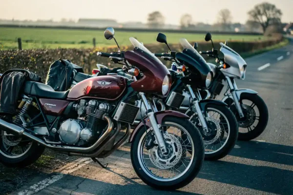 Groep motorfietsen geparkeerd op asfalt in Belgisch landschap, glanzend chroom en bordeauxrode en zwarte kuipen in gouden middaglicht.