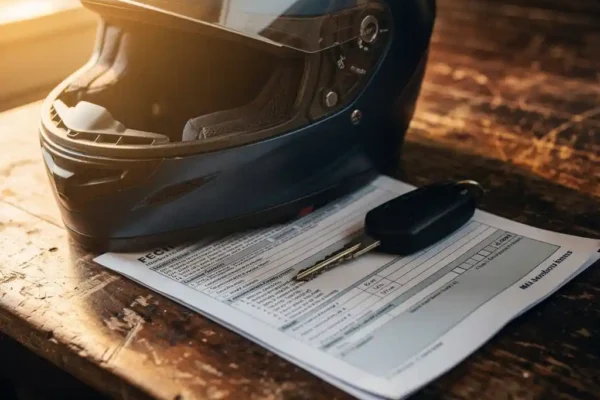 Motorhelm en autosleutel op een verouderd houten bureau met een open verzekeringsdocument, warm gouden licht.