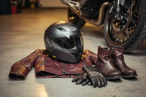 Volledig motorhelm en bordeauxrood leren rijjack op garagevloer naast geparkeerde motor, aangevuld met handschoenen en laarzen.