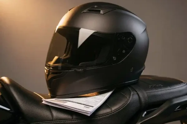 Glanzende motorhelm op leren zadel met verzekeringsdocument eronder, verlicht door warm studiolicht.