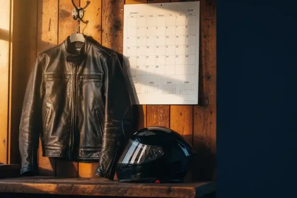 Versleten leren motorjas aan wandhaak naast kalender, glanzende helm op houten plank in warm amberkleurig licht.