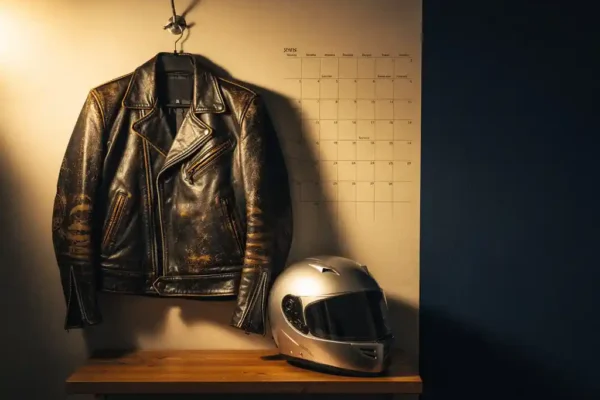 Verweerde leren motorjas aan wandhaak naast kalender, zilveren helm op houten plank, warme amber en marineblauw tinten.