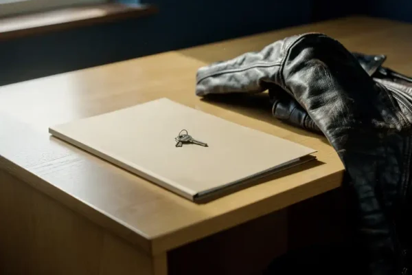 Versleten leren motorjack en documentmap op houten bureau met sleuteltje erop, zachte natuurlijke belichting.