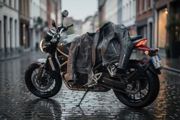 Motorfiets op nat Belgisch straatplaveisel met twee leren rijjassen over het zadel, bewolkte lucht en reflecties op het wegdek.