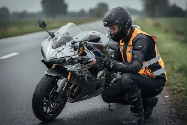 Motorrijder in veiligheidsvest hurkt naast beschadigde motor met gedeukte kuip langs Belgische weg, smartphone in hand.