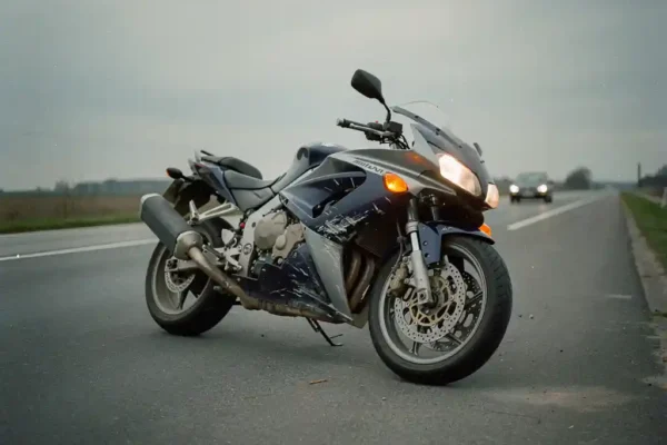 Beschadigde motorfiets langs Belgische weg na aanrijding, tweede voertuig zichtbaar op achtergrond, bewolkte lucht.