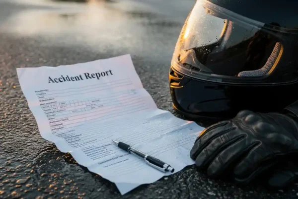 Verkreukeld Europees aanrijdingsformulier op nat asfalt naast motorhelm en handschoenen, pen klaar om in te vullen.