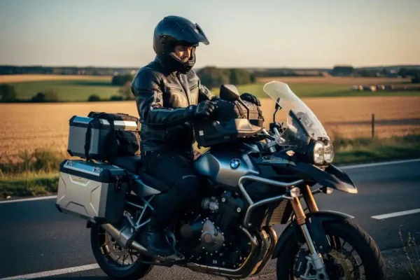 Motorrijder in leren jack sjort bagage vast op toermotor langs Belgische plattelandsweg in gouden avondlicht.