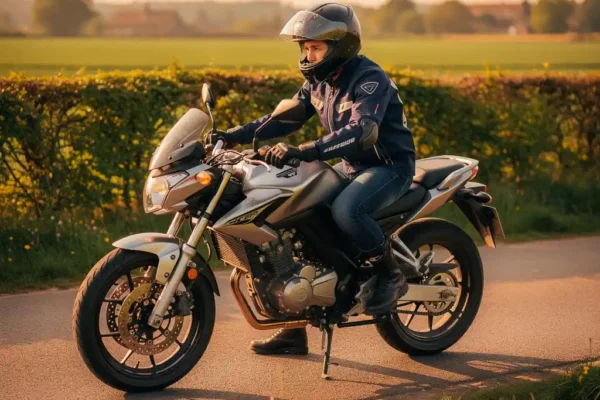 Jonge motorrijder in beschermende uitrusting naast een instapper motorfiets op een Belgische landweg, gouden middaglicht.