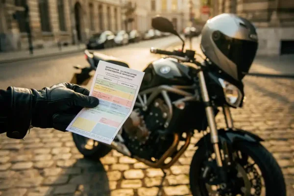 Motorrijder houdt Belgisch verzekeringsdocument vast naast geparkeerde motor op zonnig kasseienstraatje in België.