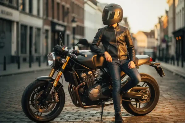 Jonge motorrijder in integraalhelm en leren jas leunt tegen matte zwarte motor op Belgische kasseienstraat in warm ochtendlicht.