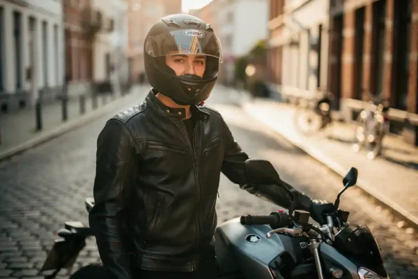 Jonge motorrijder in leren jas en integraalhelm bij een geparkeerde motor op een zonnige Belgische kasseienstraat.